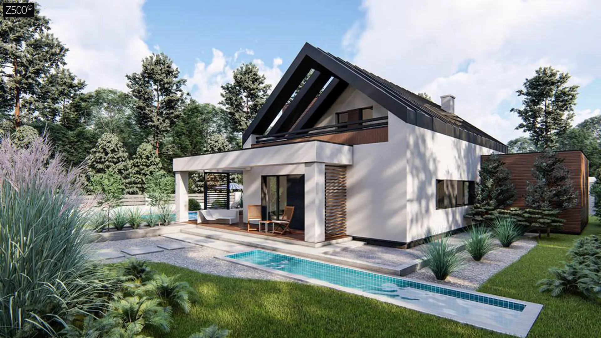 Дом с двускатной крышей, современным мансардным этажом, боковой террасой и гаражом Z422