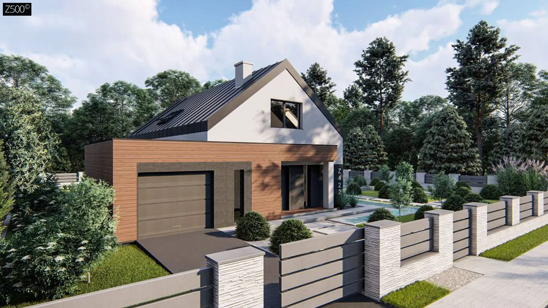 Дом с двускатной крышей, современным мансардным этажом, боковой террасой и гаражом Z422