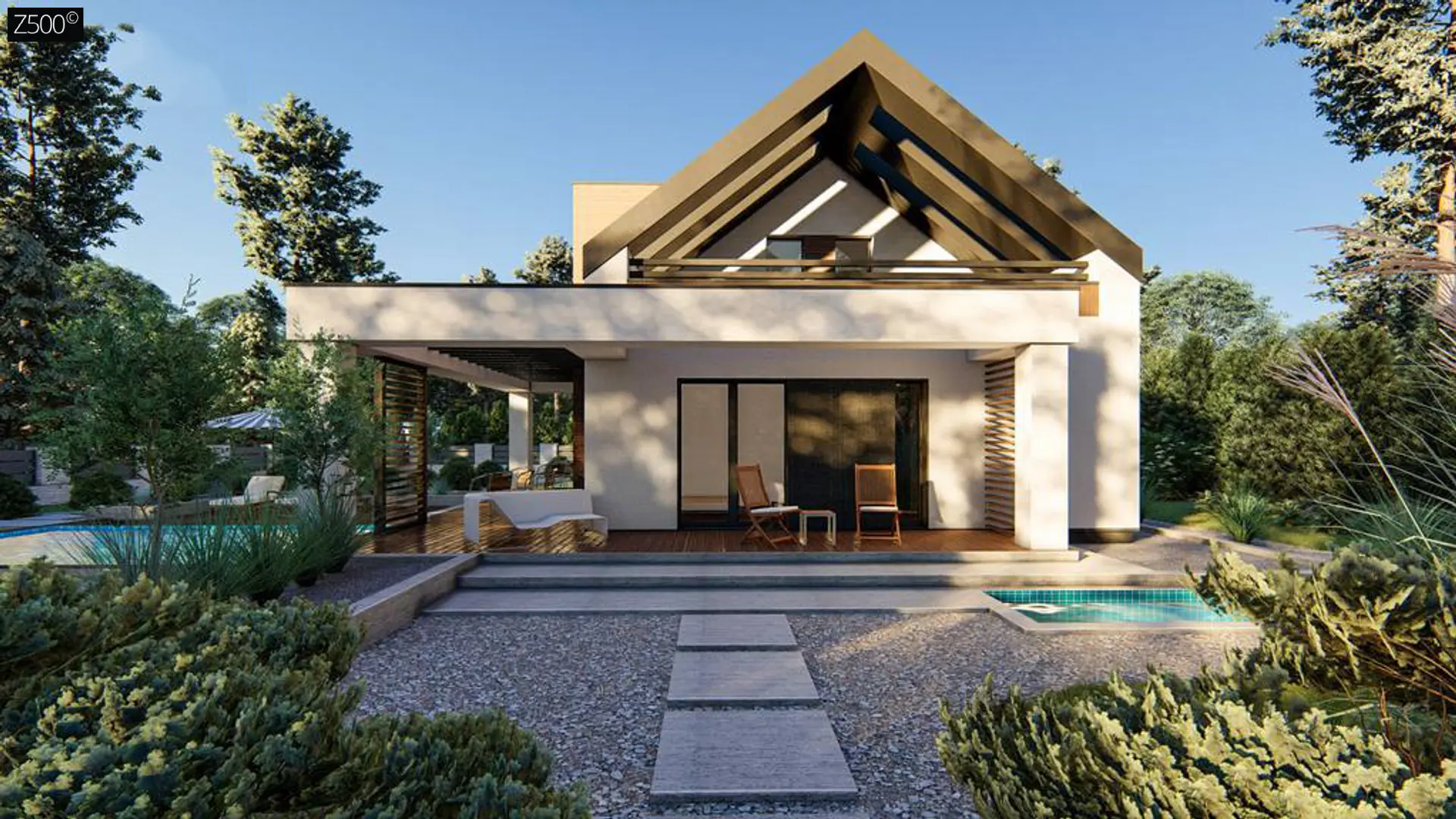 Дом с двускатной крышей, современным мансардным этажом, боковой террасой и гаражом Z422