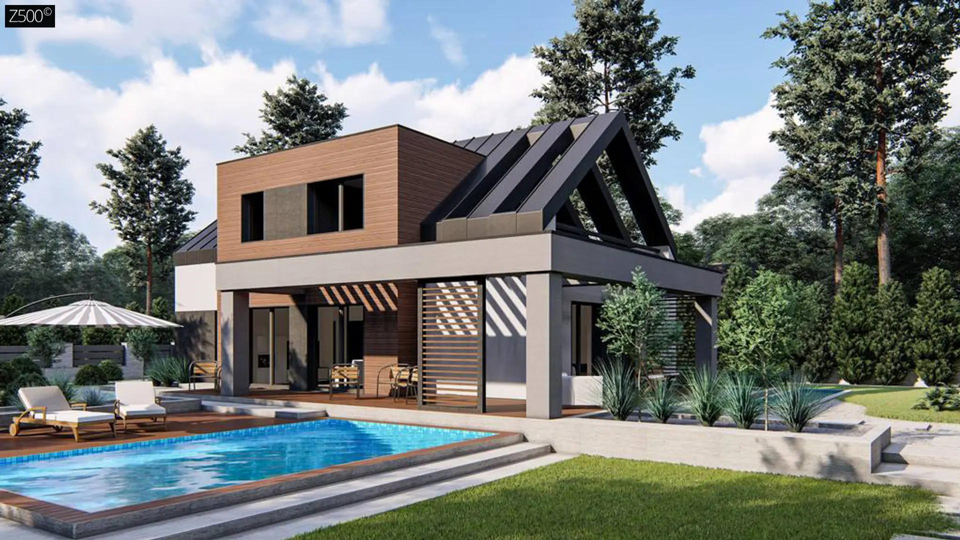 Дом с двускатной крышей, современным мансардным этажом, боковой террасой и гаражом Z422