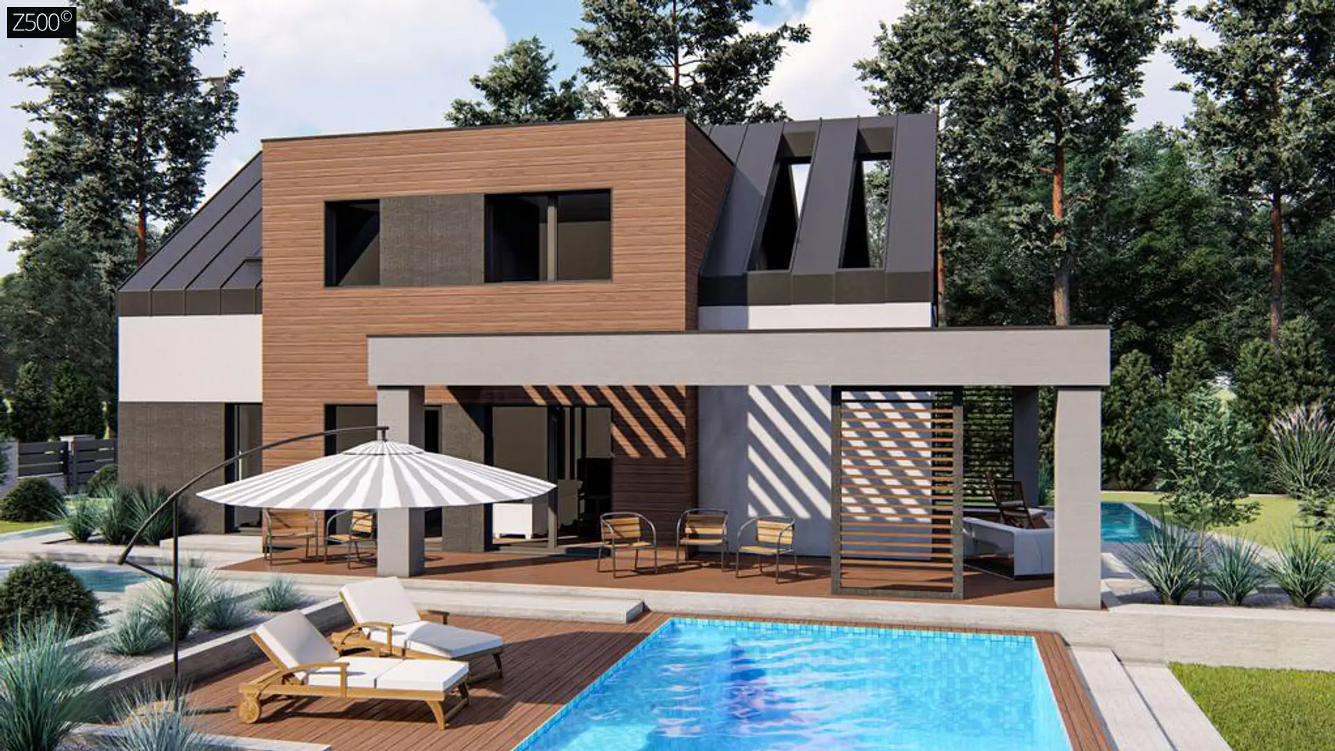 Дом с двускатной крышей, современным мансардным этажом, боковой террасой и гаражом Z422