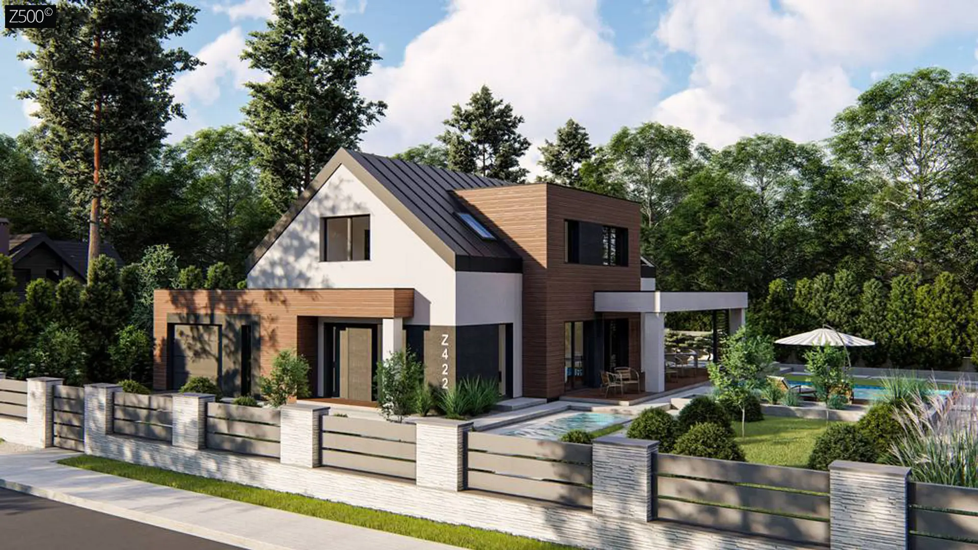 Дом с двускатной крышей, современным мансардным этажом, боковой террасой и гаражом Z422