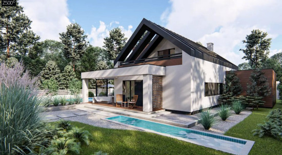 Дом с двускатной крышей, современным мансардным этажом, боковой террасой и гаражом Z422