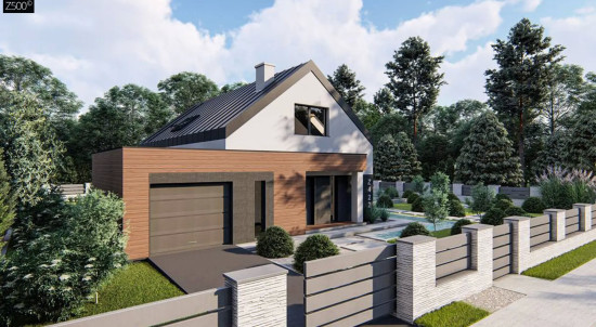 Дом с двускатной крышей, современным мансардным этажом, боковой террасой и гаражом Z422