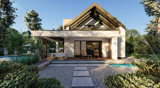 Дом с двускатной крышей, современным мансардным этажом, боковой террасой и гаражом Z422