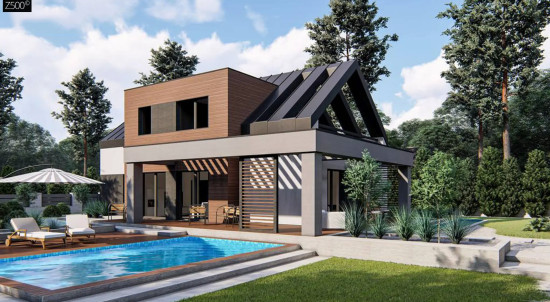 Дом с двускатной крышей, современным мансардным этажом, боковой террасой и гаражом Z422