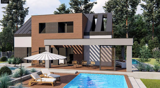 Дом с двускатной крышей, современным мансардным этажом, боковой террасой и гаражом Z422