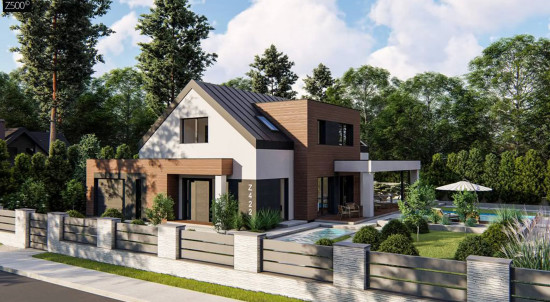 Дом с двускатной крышей, современным мансардным этажом, боковой террасой и гаражом Z422