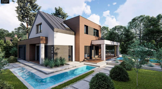 Дом с двускатной крышей, современным мансардным этажом, боковой террасой и гаражом Z422