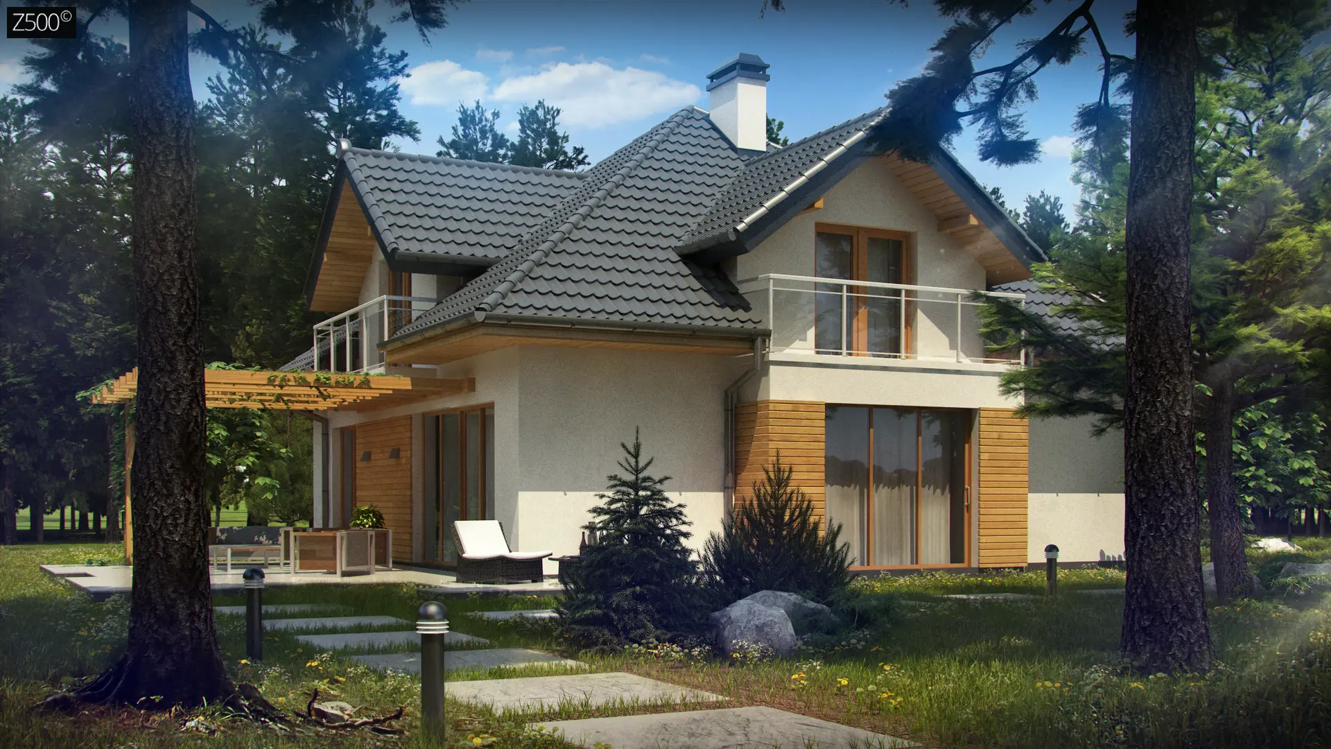 Проект комфортного дома с фасадными окнами, с гаражом для двух автомобилей Z270