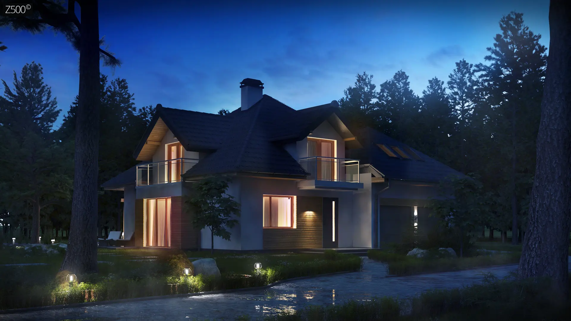 Проект комфортного дома с фасадными окнами, с гаражом для двух автомобилей Z270