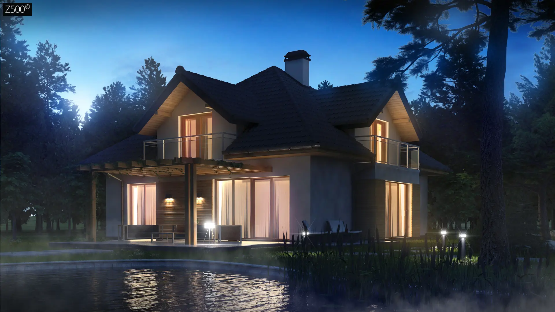 Проект комфортного дома с фасадными окнами, с гаражом для двух автомобилей Z270