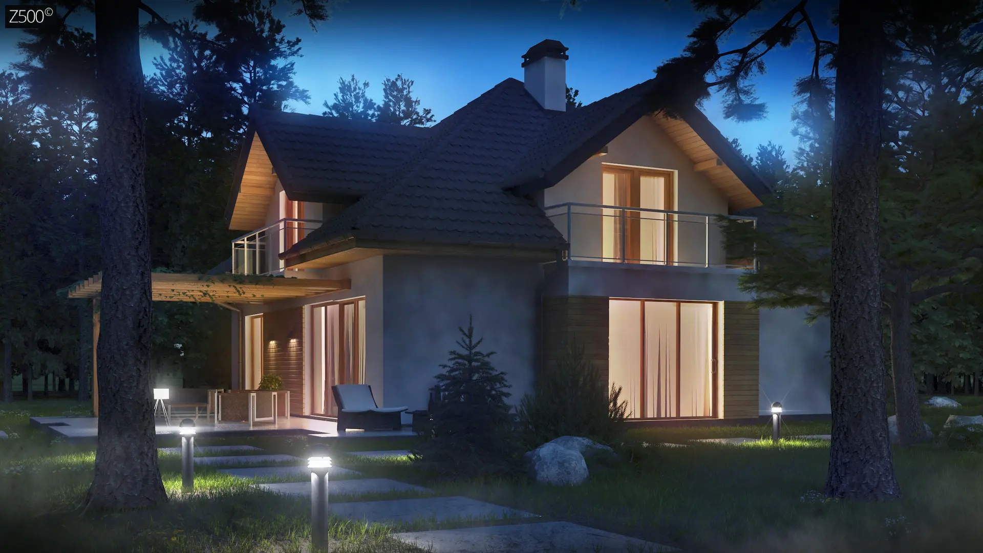 Проект комфортного дома с фасадными окнами, с гаражом для двух автомобилей Z270