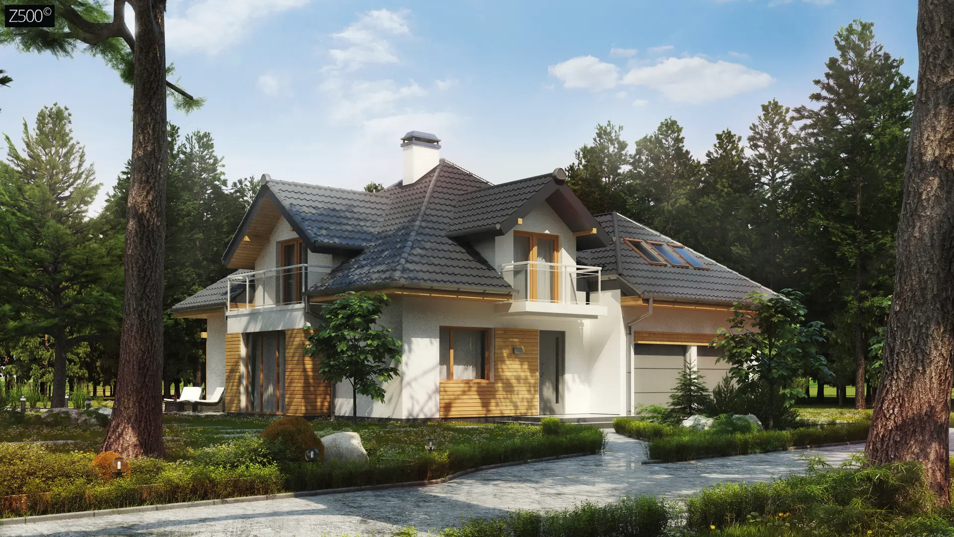 Проект комфортного дома с фасадными окнами, с гаражом для двух автомобилей Z270