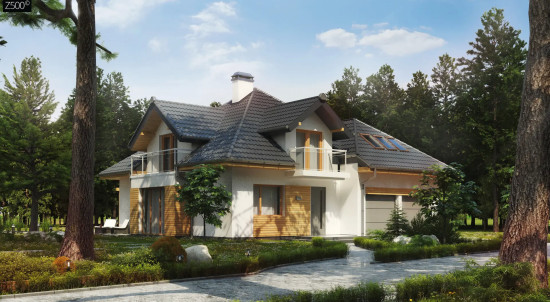 Проект комфортного дома с фасадными окнами, с гаражом для двух автомобилей Z270