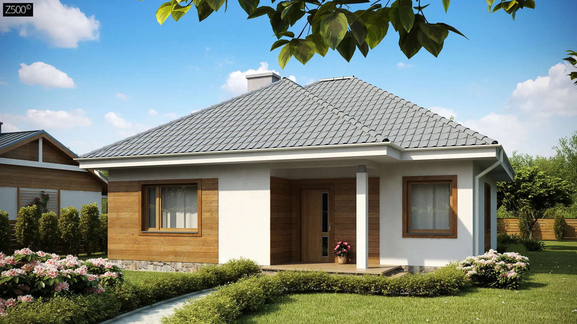 Проект одноэтажного практичного и уютного дома с крытой террасой Z64