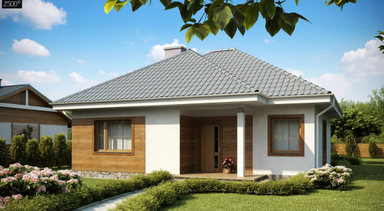 Проект одноэтажного практичного и уютного дома с крытой террасой Z64