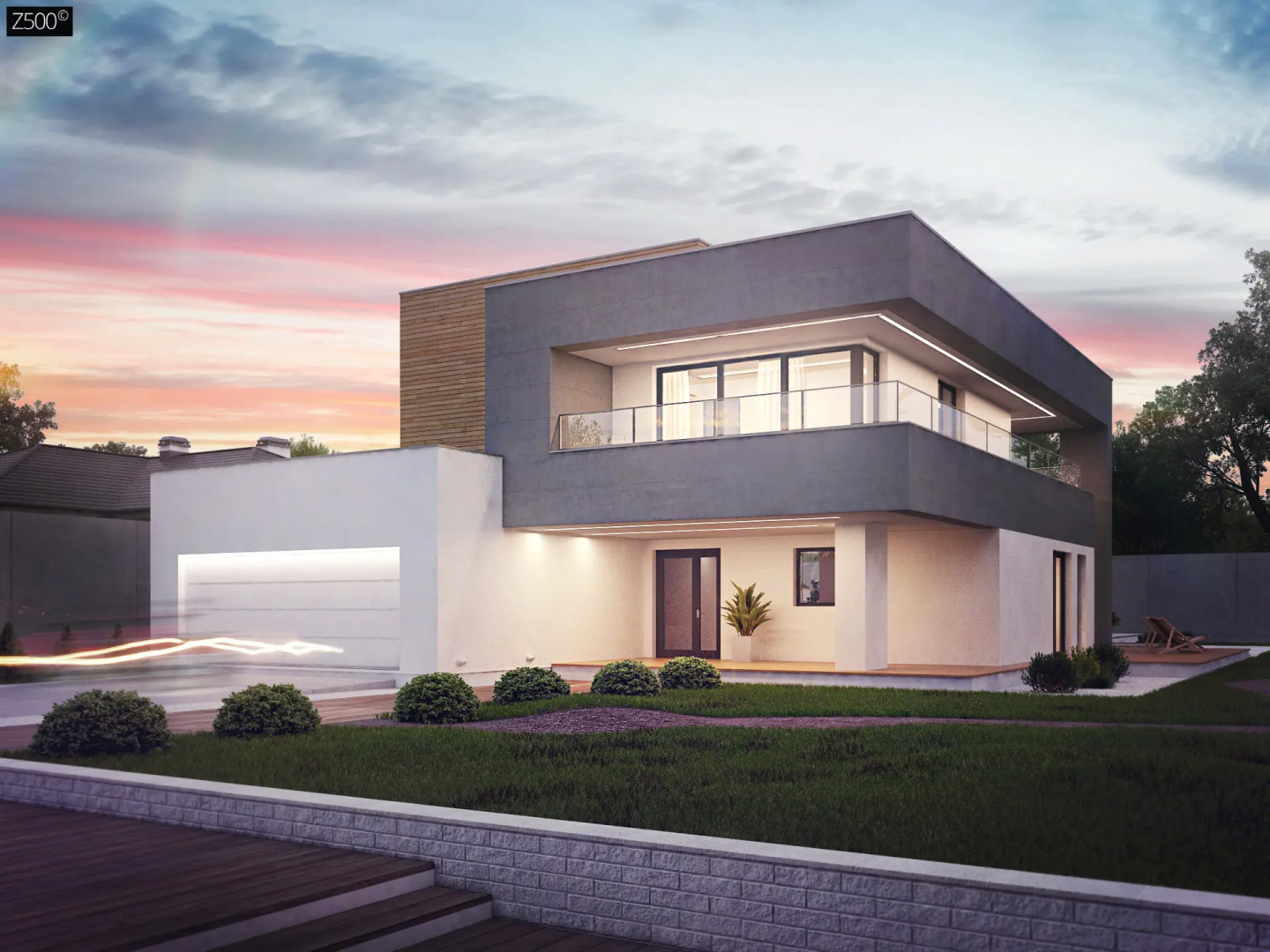 Современный двухэтажный дом с большой площадью остекления Zx108