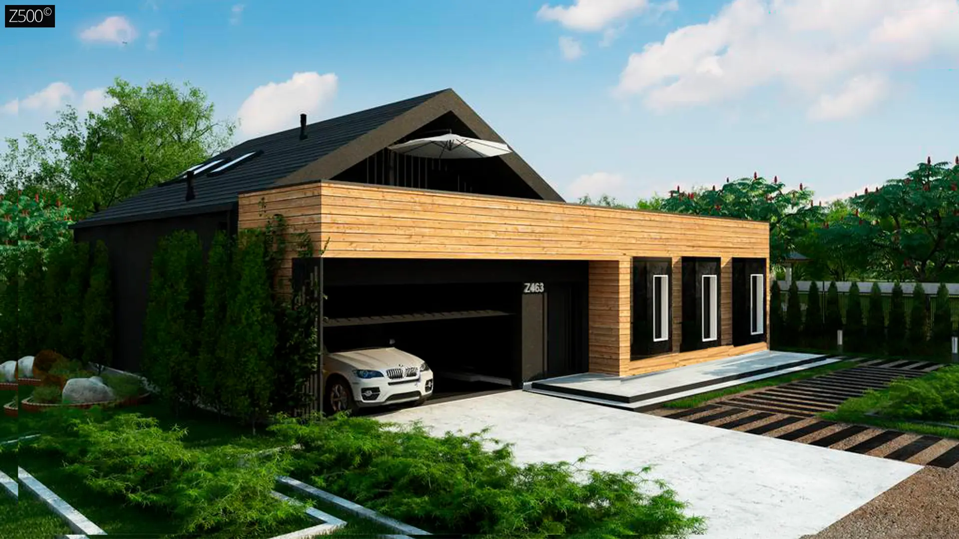 Современный мансардный проект дома с террасой и гаражом на две машины Z463