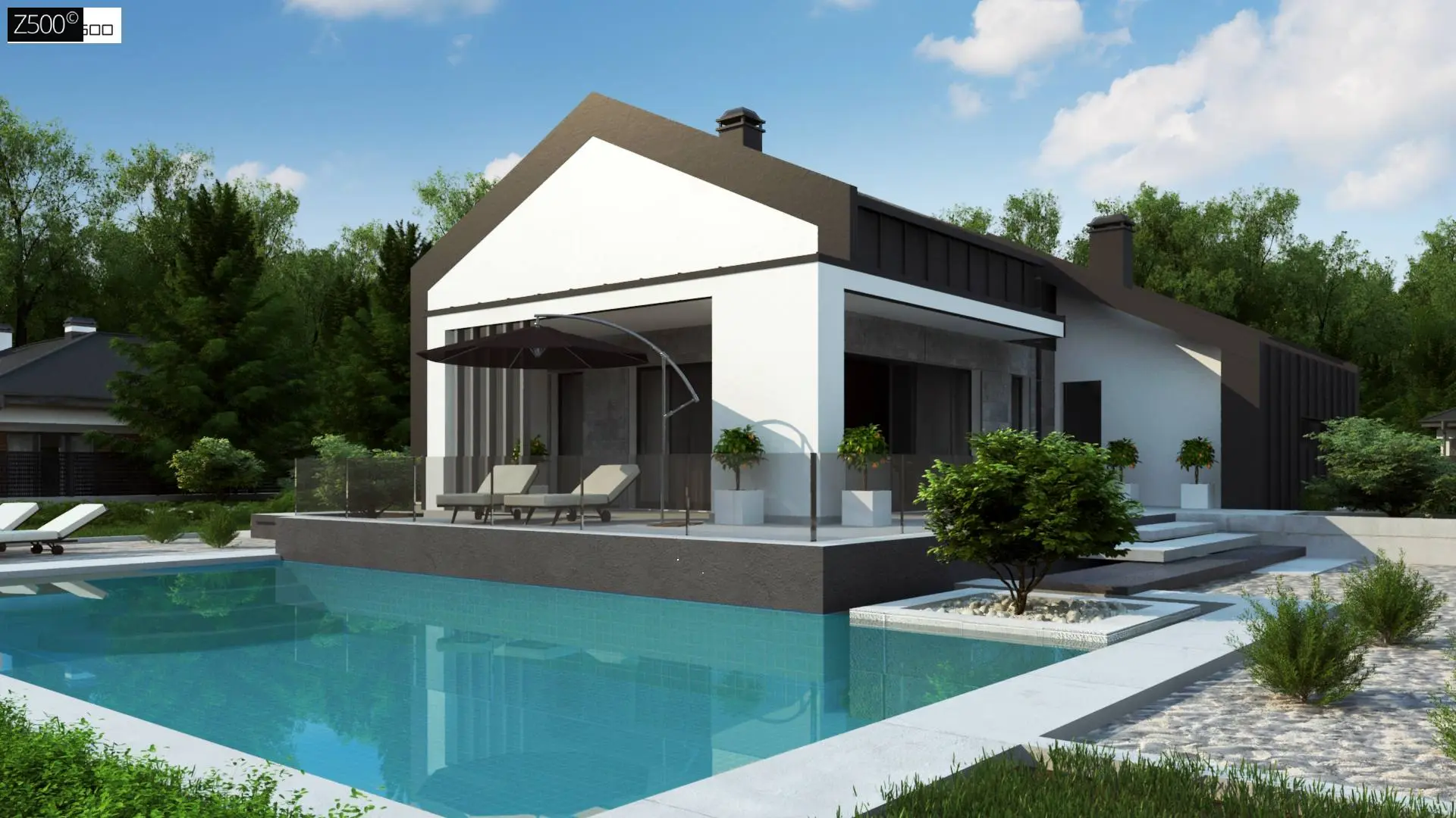 Современный одноэтажный дом с двускатной крышей и большой террасой Z458