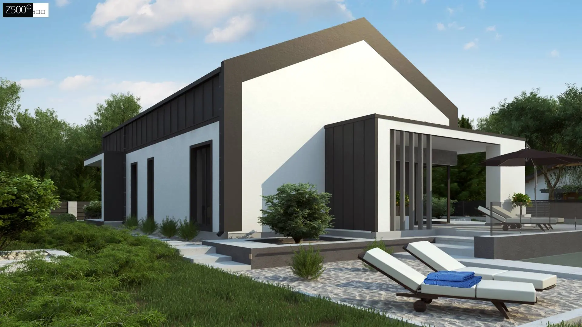 Современный одноэтажный дом с двускатной крышей и большой террасой Z458
