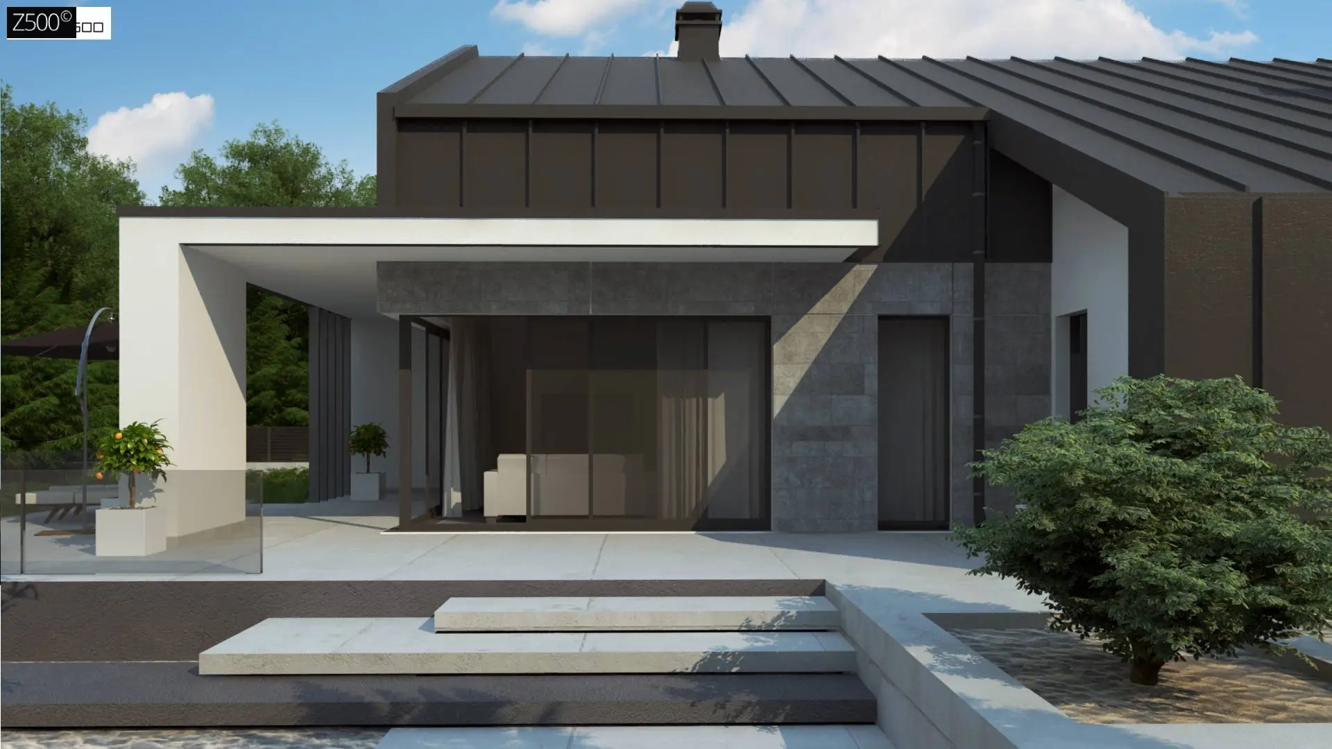 Современный одноэтажный дом с двускатной крышей и большой террасой Z458