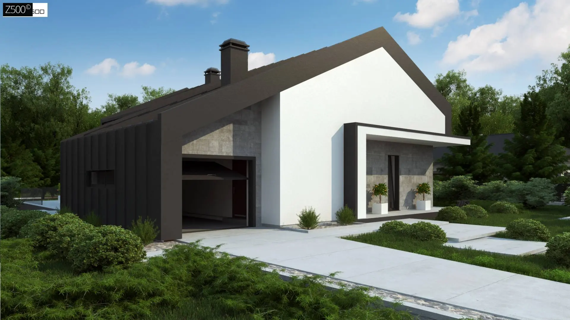 Современный одноэтажный дом с двускатной крышей и большой террасой Z458