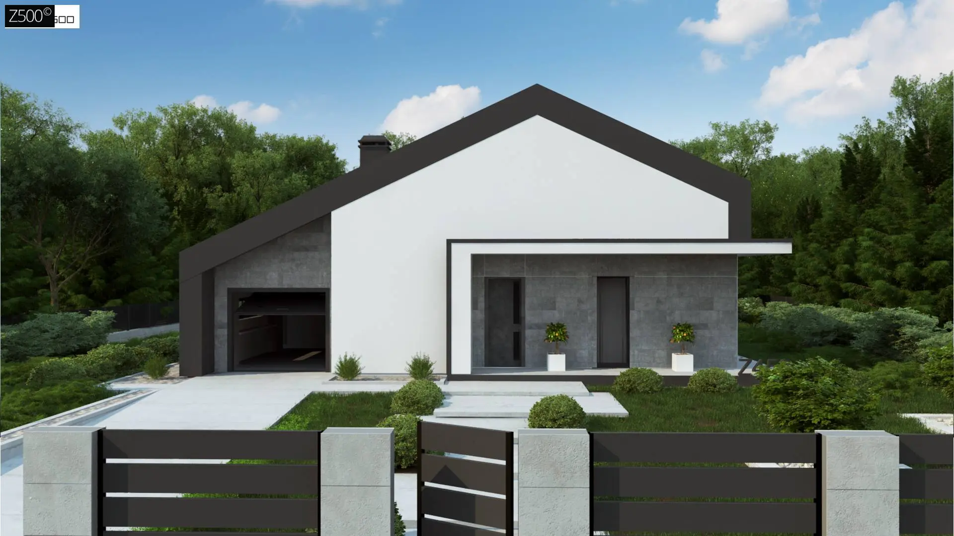 Современный одноэтажный дом с двускатной крышей и большой террасой Z458