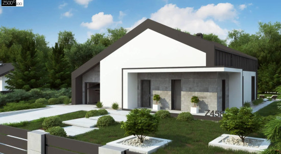 Современный одноэтажный дом с двускатной крышей и большой террасой Z458