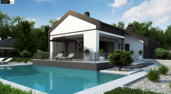Современный одноэтажный дом с двускатной крышей и большой террасой Z458