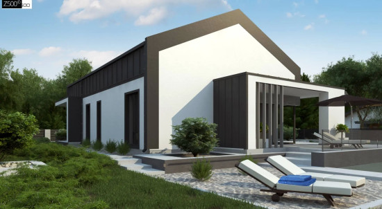 Современный одноэтажный дом с двускатной крышей и большой террасой Z458