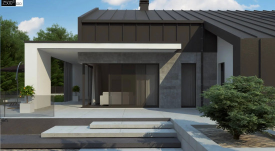 Современный одноэтажный дом с двускатной крышей и большой террасой Z458