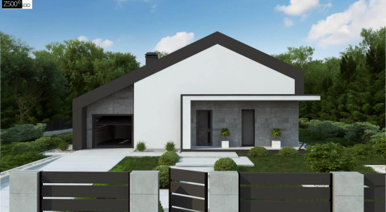 Современный одноэтажный дом с двускатной крышей и большой террасой Z458