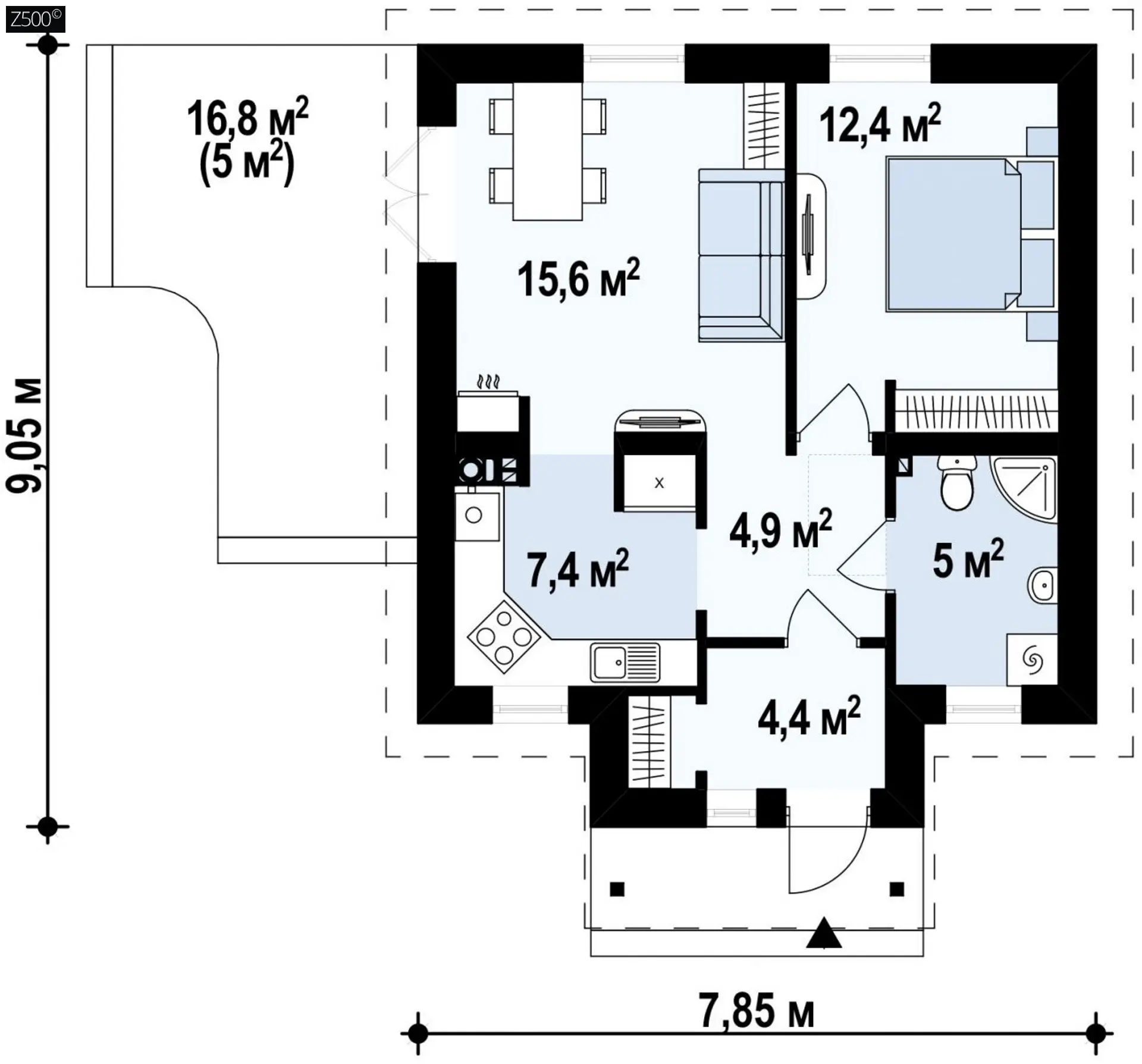 Проект маленького уютного дома с функциональной планировкой Оснащен всем необходимым для постоянного проживания Z73