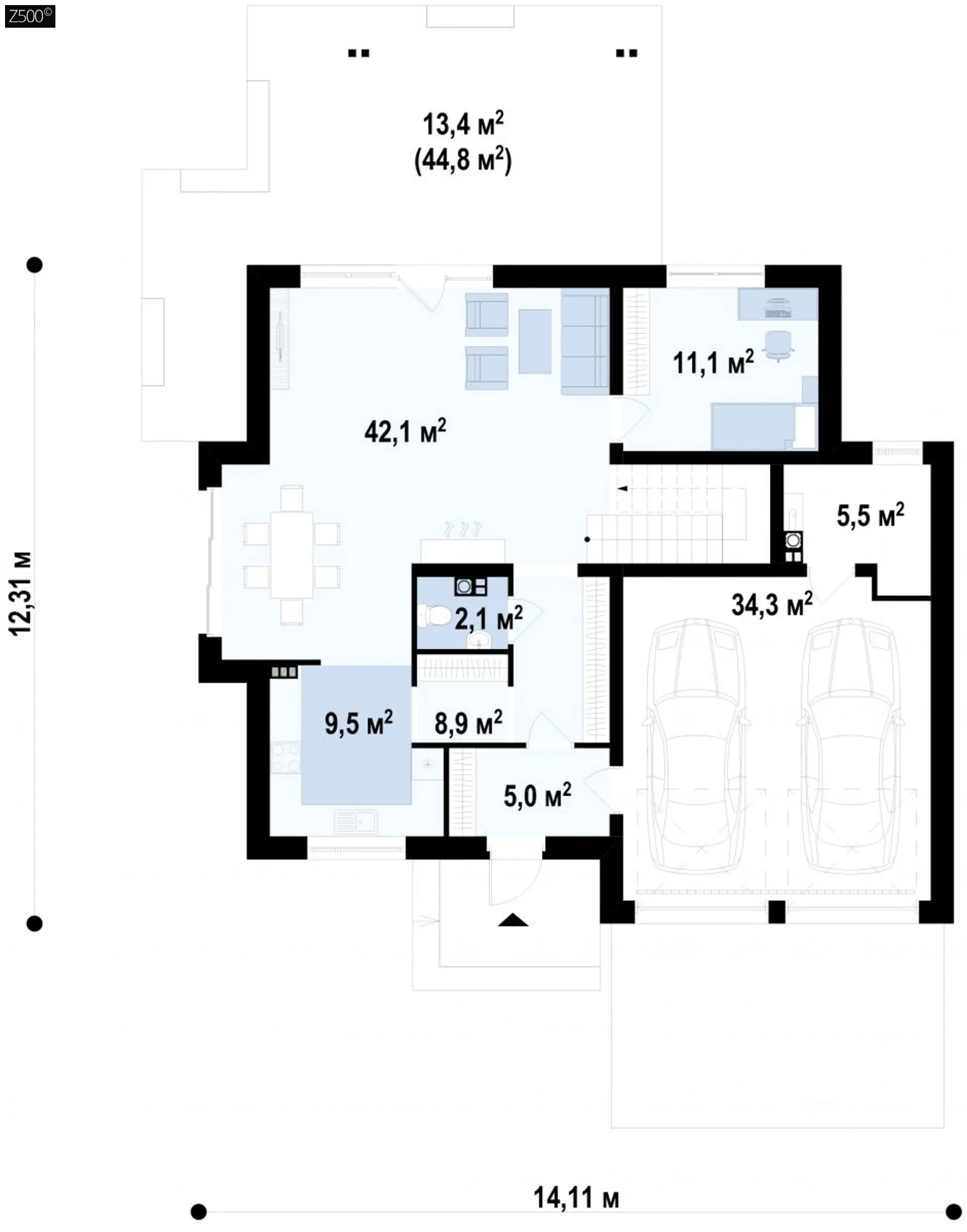 Проект комфортного дома с фасадными окнами, с гаражом для двух автомобилей Z270