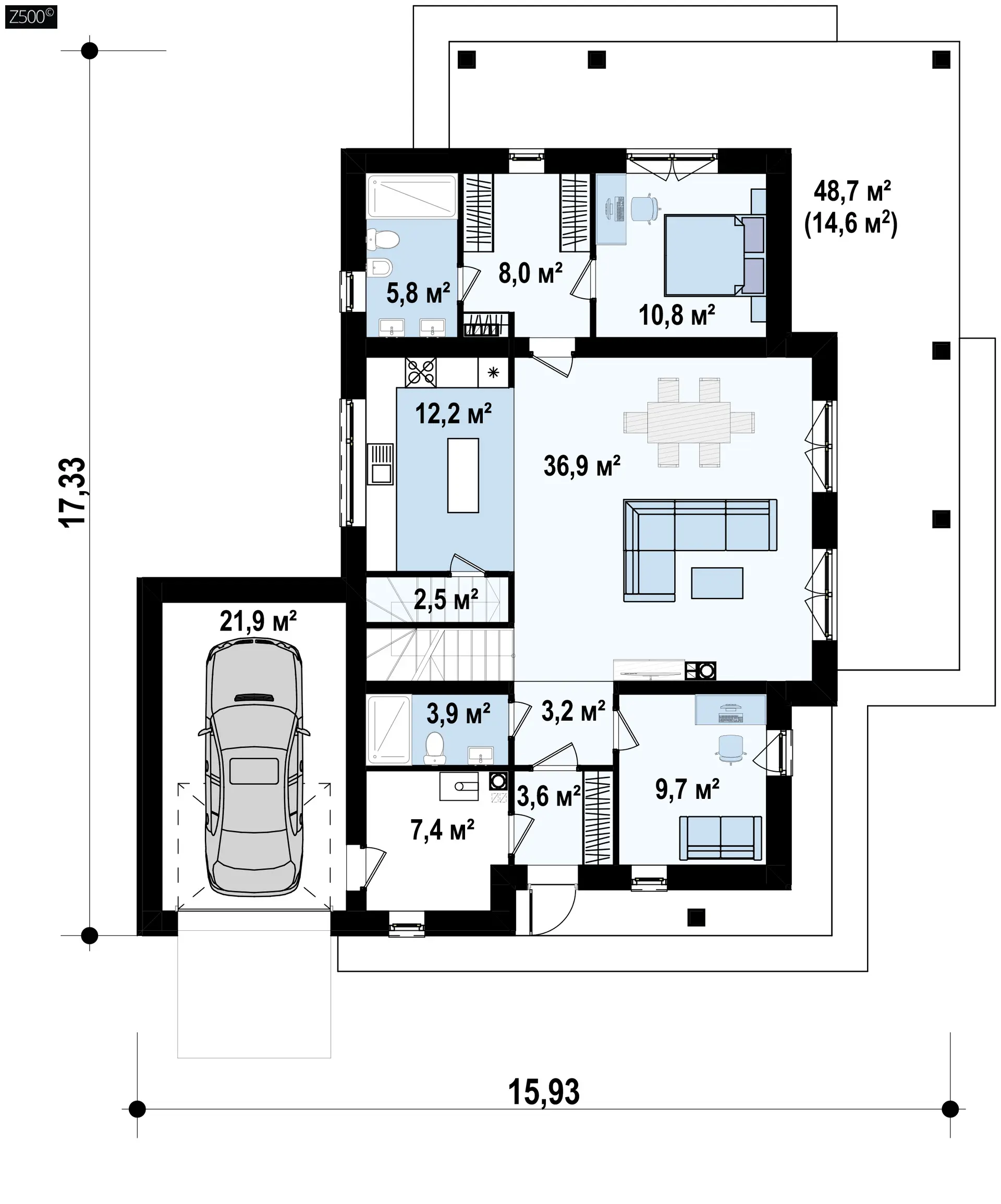 Дом с двускатной крышей, современным мансардным этажом, боковой террасой и гаражом Z422