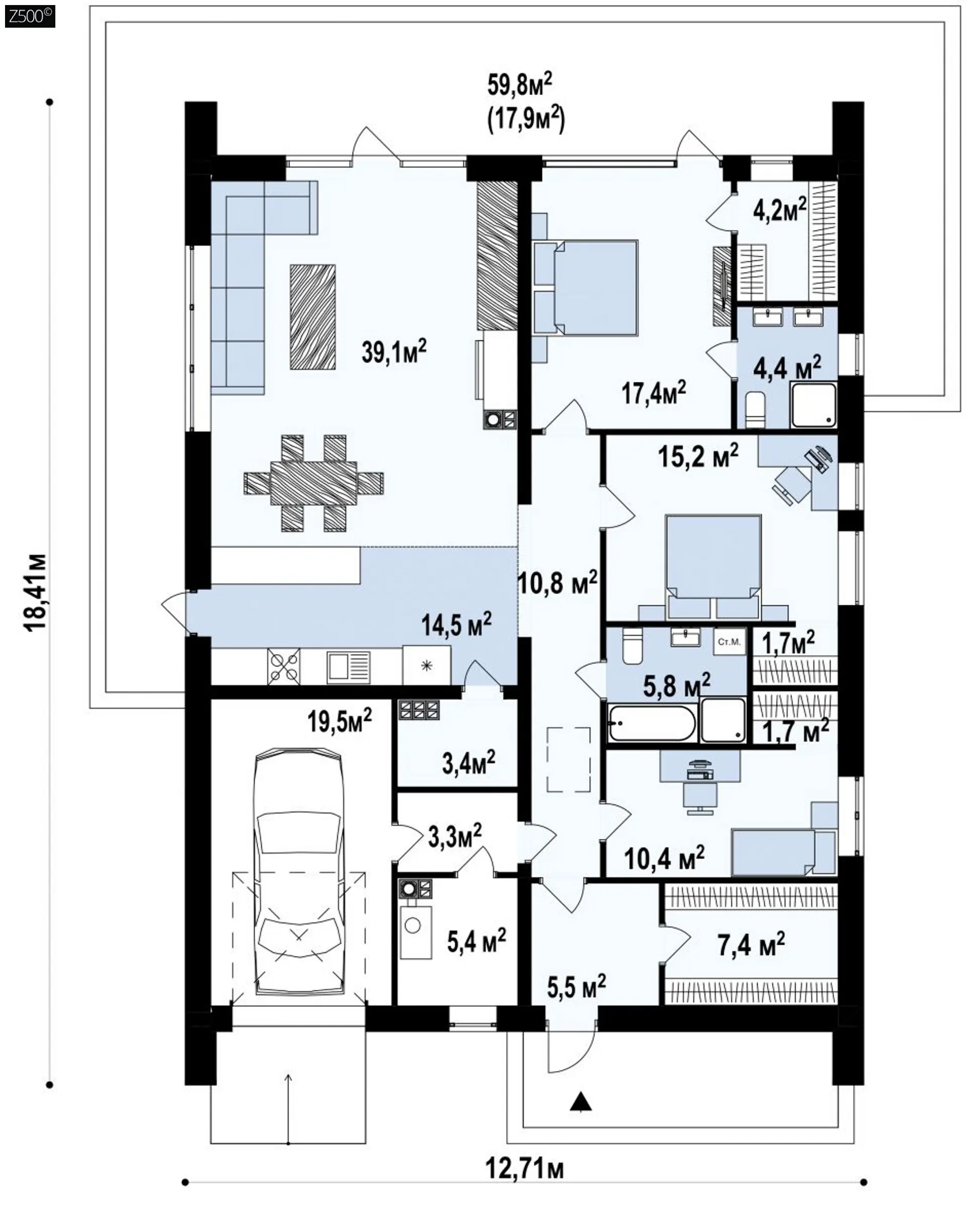 Современный одноэтажный дом с грамотной удобной планировкой Z446