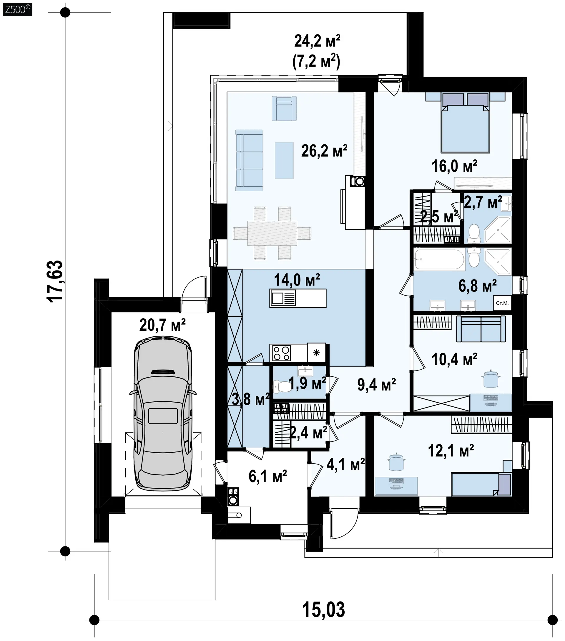 Современный одноэтажный дом с двускатной крышей и большой террасой Z458