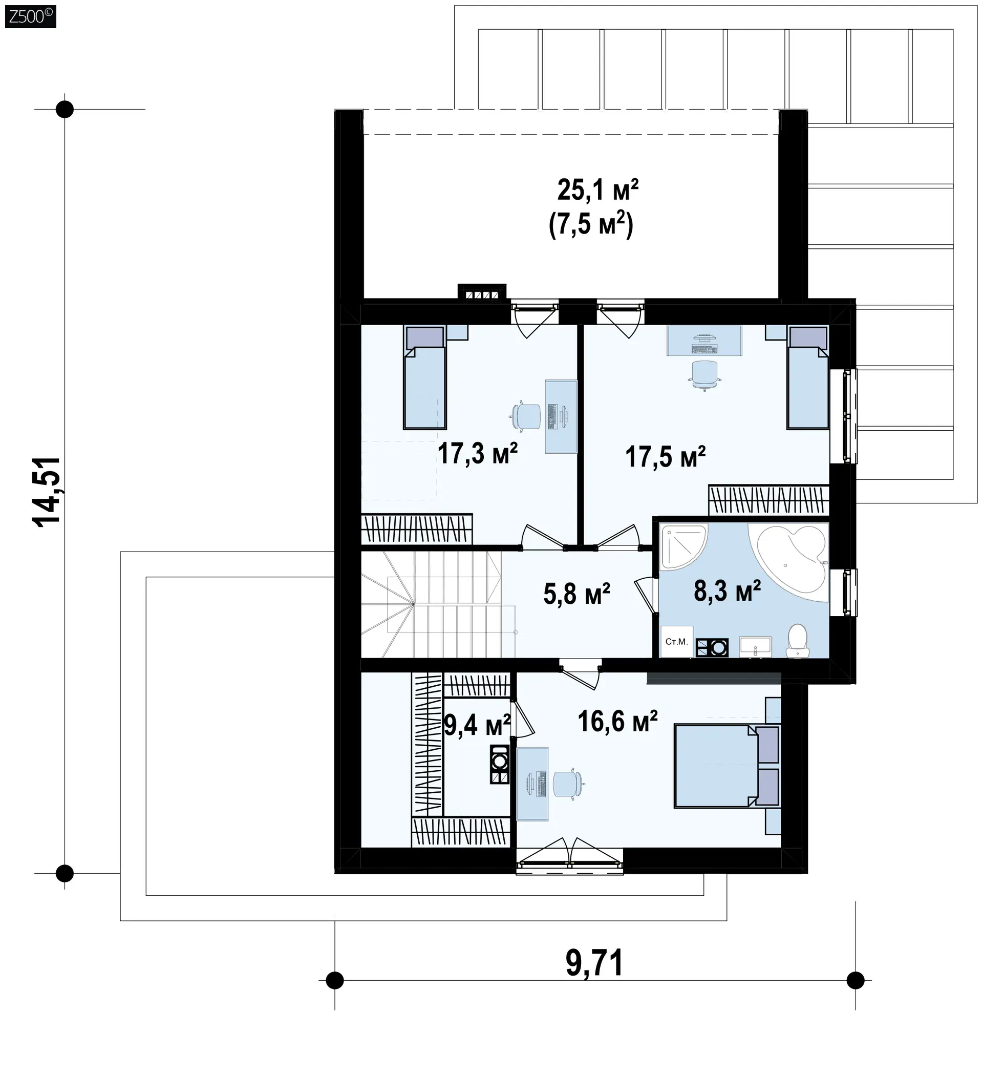 Дом с двускатной крышей, современным мансардным этажом, боковой террасой и гаражом Z422